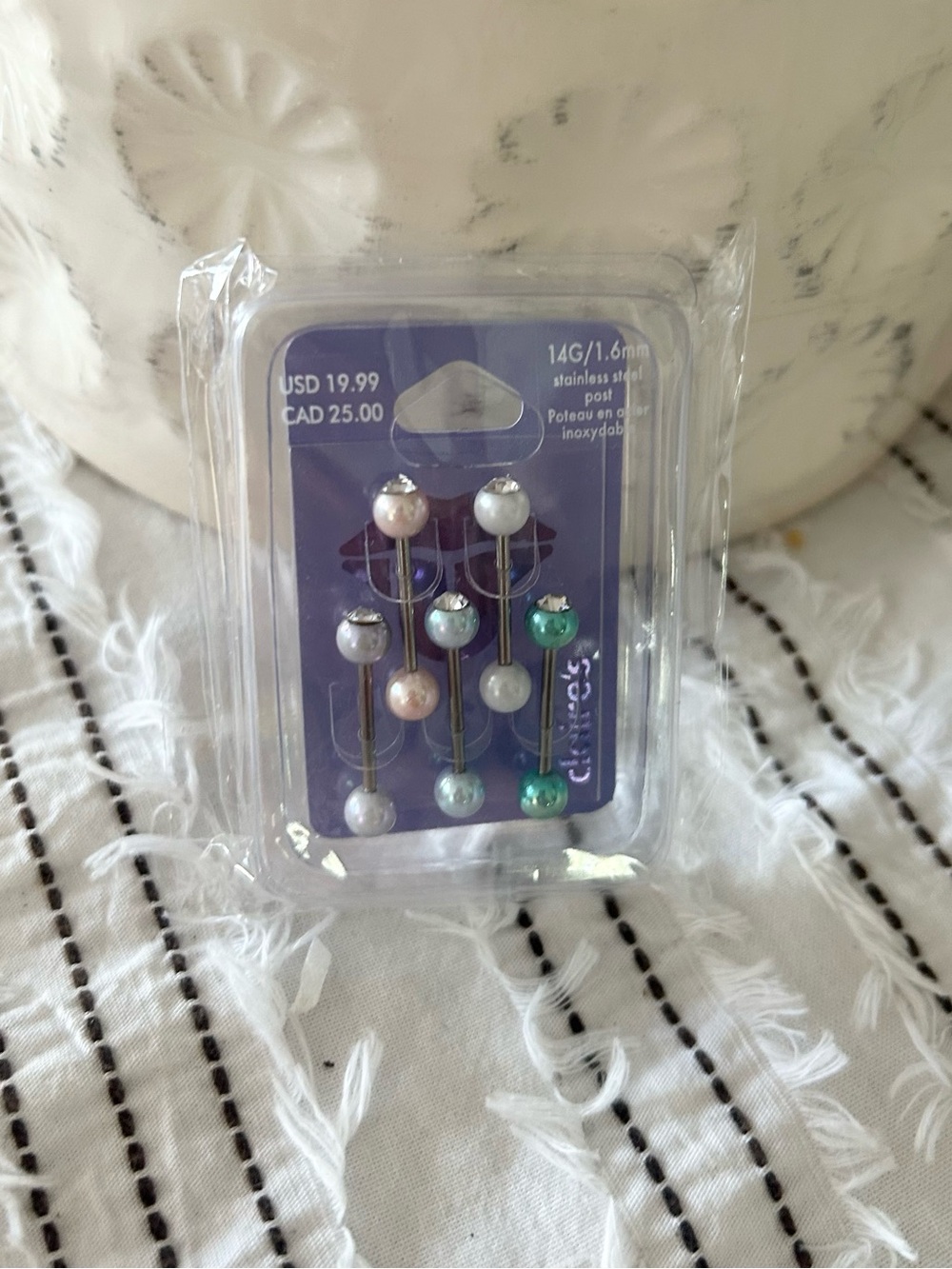 ⭐️ NEW Claire’s 5 Pack 14G Stainless Steel Tongue Rings Pearly Gem Rhinestone